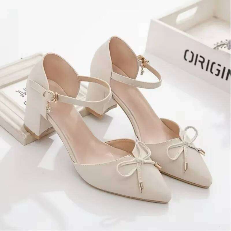 Women's High Sandals Pointed Toe Pumps Bowknot Decoration Chunky Heel Dress Shoes for Office Ladies Party Wedding