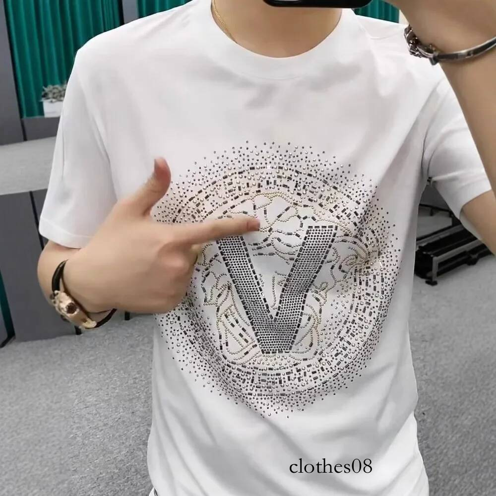 Summer Ice Silk Cotton Rhinestone Short Men's T-shirt Loose Casual Half Sleeve Top Korean Trend Hong Kong Style