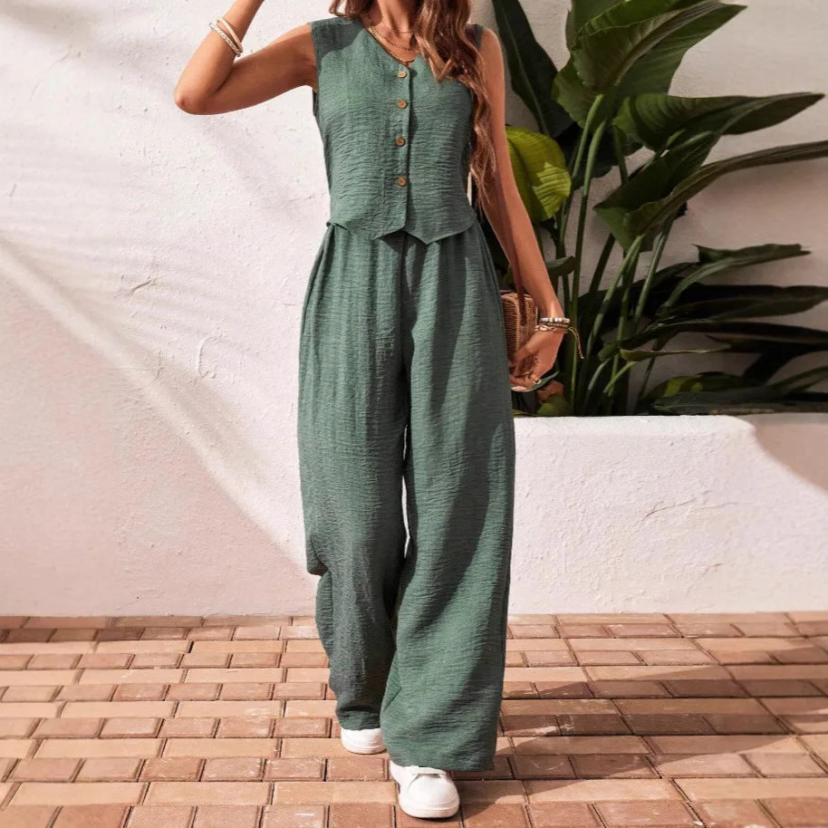 Summer Cotton Linen Women V-Neck Vest Front Button Vest Trousers Casual Suit Women Short Vest Top Pants Two Peice Set 260304