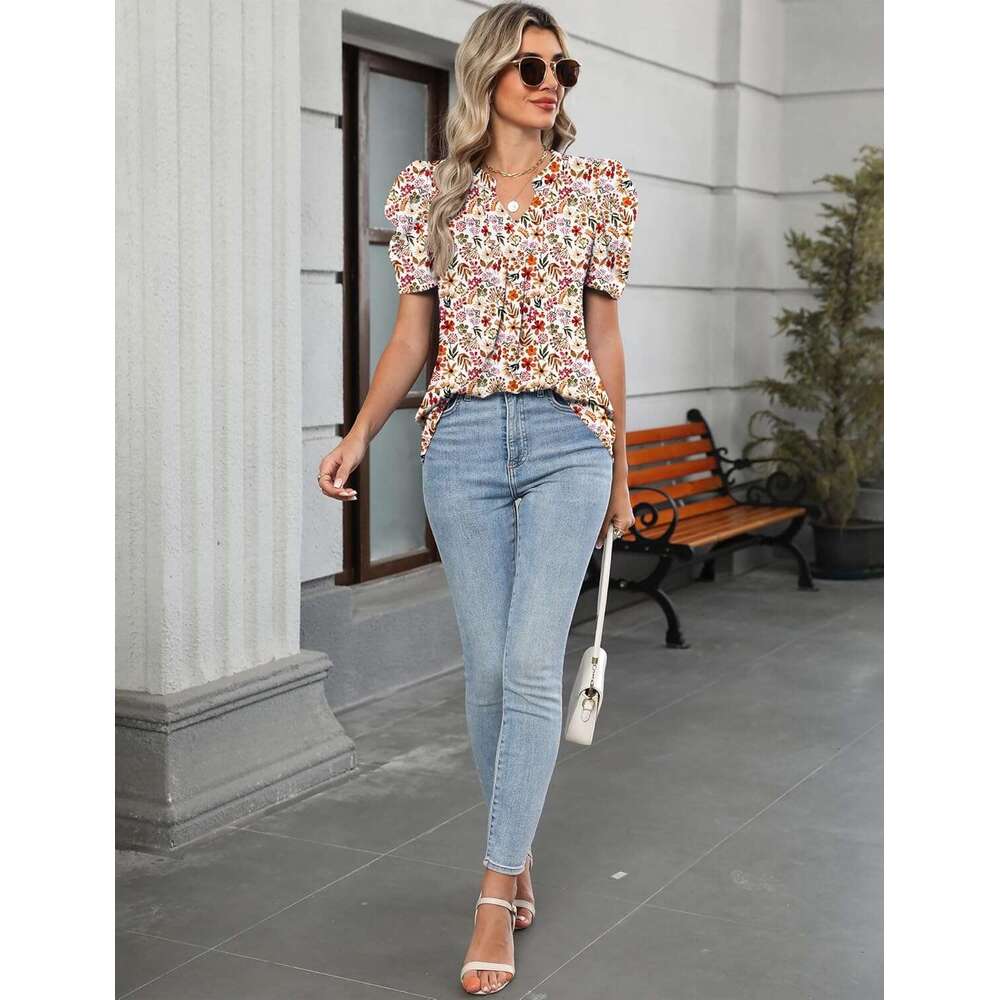 Women's Puff Short Sleeve Shirt V Neck Summer Tops Designer Casual Fashion T Shirts Loose Fit Blouses