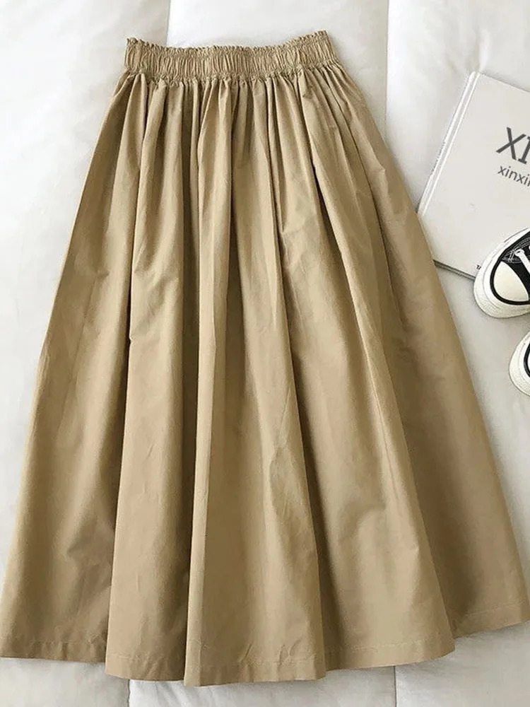Women White Long Skirt Fashion Pockets Pleated Knee Length Skirts Autumn Casual Elegant High Waist A Line Femme Skirts 260306