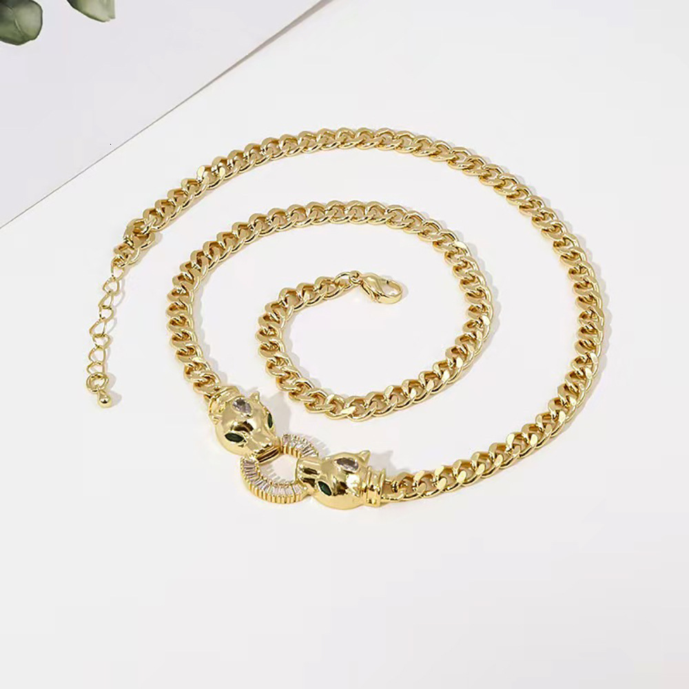 necklace new fashion trend personalized hip-hop copper micro-inlaid zircon double-headed leopard necklace, adjustable punk style necklace
