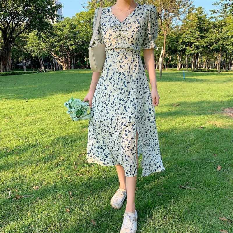 Spring and Summer New Casual Fashion Print Commuter Versatile Trendy Horn Sleeves Simplicity V-neck Short Sleeve A-line Dress X260306
