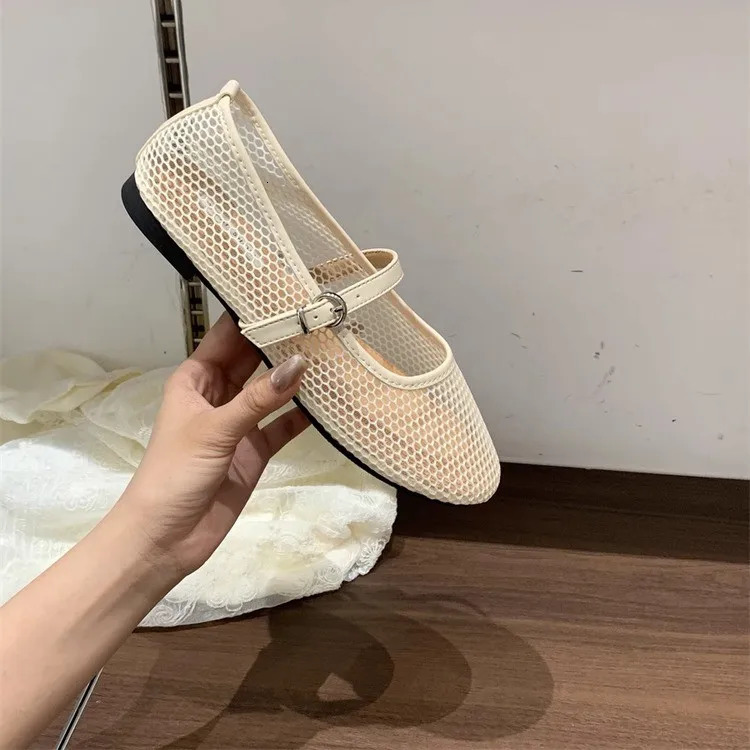 Fishing Net Shoes Womens Flat Mary Janes Shoes Summer Shallow Buckle Strap Sandals Ladies Summer Cut Out Loafers 260303