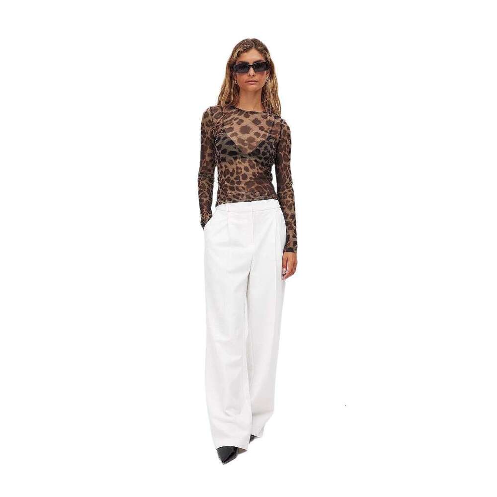 New European and American cross-border women's sexy leopard print mesh printed bodysuit T-shirt top for women