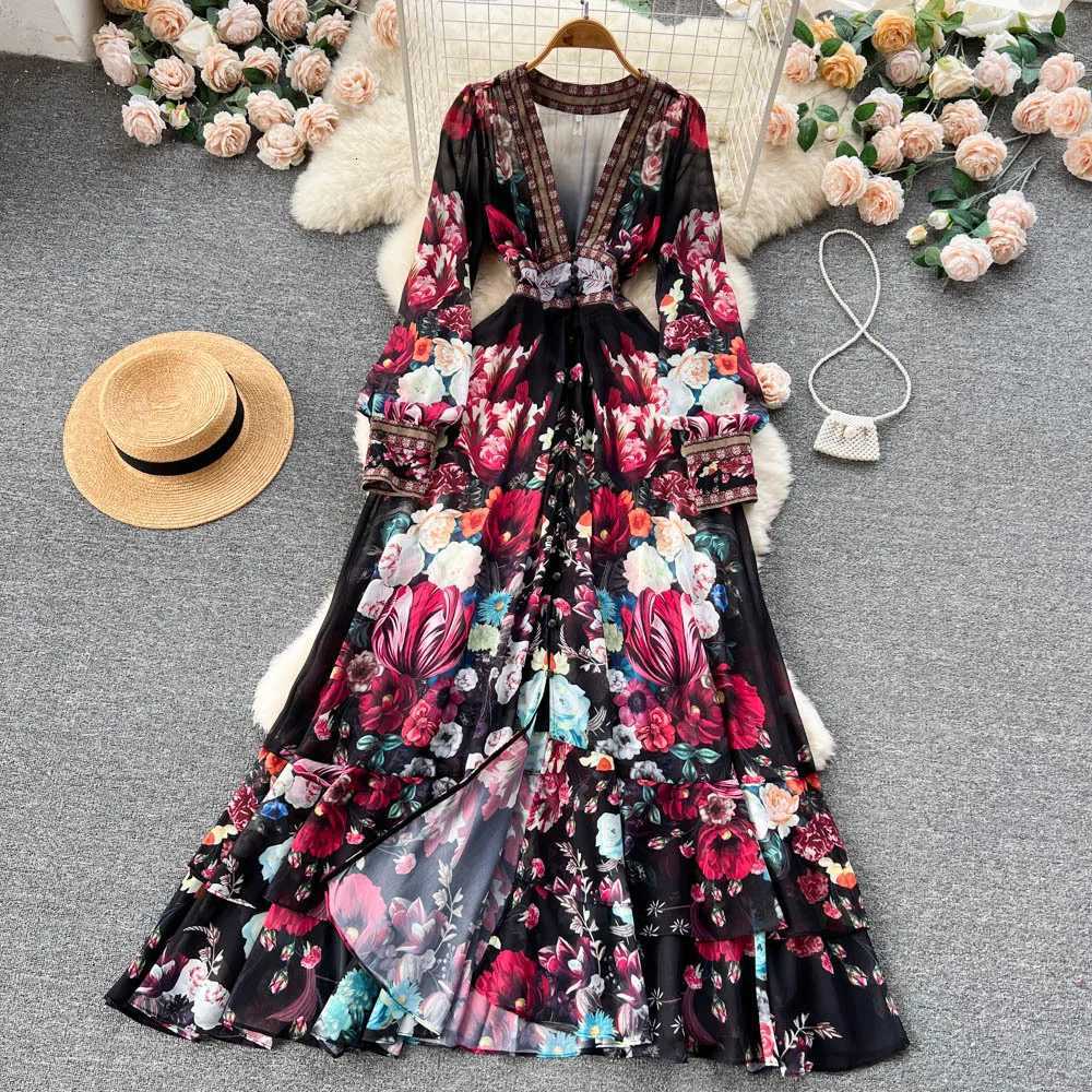 Long Dress Women Dresses Print Floral A Line Vestidos Streetwear V Neck High Waist Elegant Maxi Splice Y2k Party Club Wedding X260306