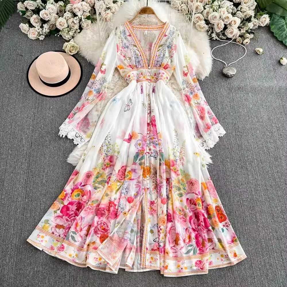 Elegant Floral Long Maxi Dresses Women 2025 Spring Summer Holiday Flare Full Sleeve Print Lace Deep V Neck Evening Party Vestido X260306