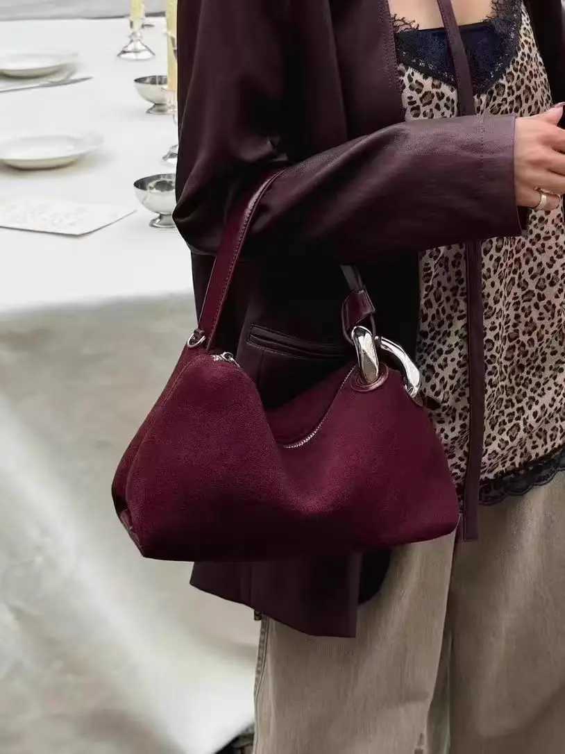 Euro Stylish Carmel Color Hobo Tote Soft 2025 Winter Matte Nubuck Suede Leather Women Crossbody Bag Chamois Ladies Handbag H260306