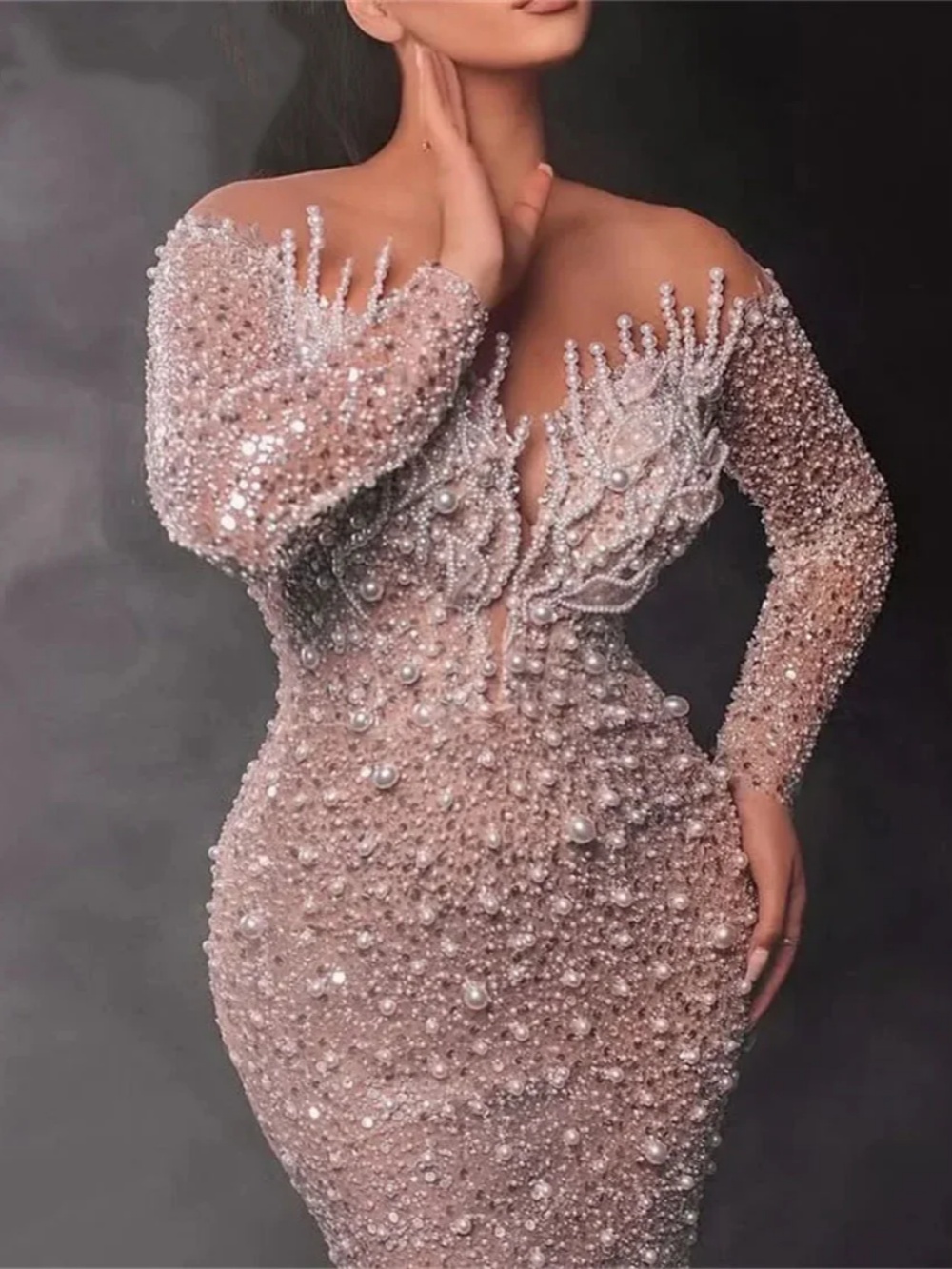 Plus Size Mermaid Evening Dress Pearls Sequined O Neck Prom Gowns Luxury Long Sleeve Floor-Length Party Dresses Customized