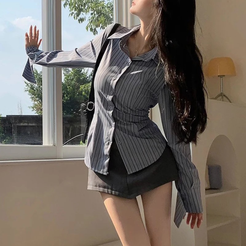 Korean Blue Striped Long Sleeve Shirt Jacket Womens Spring Waist Cinching Slimming Top Women Clothing 260306