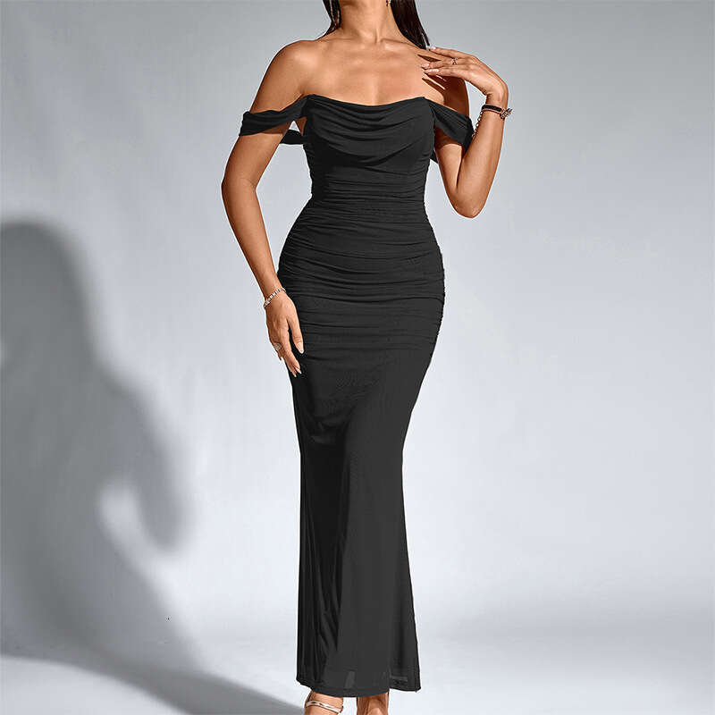 Cross-border foreign trade fishbone mesh pleated dress, European and American sexy backless off-shoulder tight-fitting bodycon long dress