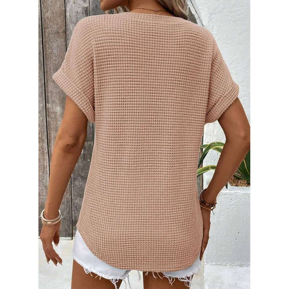 Womens Waffle Designer Knit Tops 2026 Spring Summer V Neck Shirts Casual Trendy Women's Blouses Basic Tee