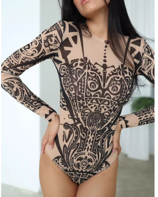 Women's Long Sleeve Sexy Mesh One-Piece Swimsuit New Style for Summer