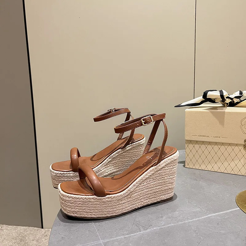 Seller Summer Buckle Square Head Hemp Wedge Sandals Thin Belt Braided Platform High Heel Shoes for Women 260306