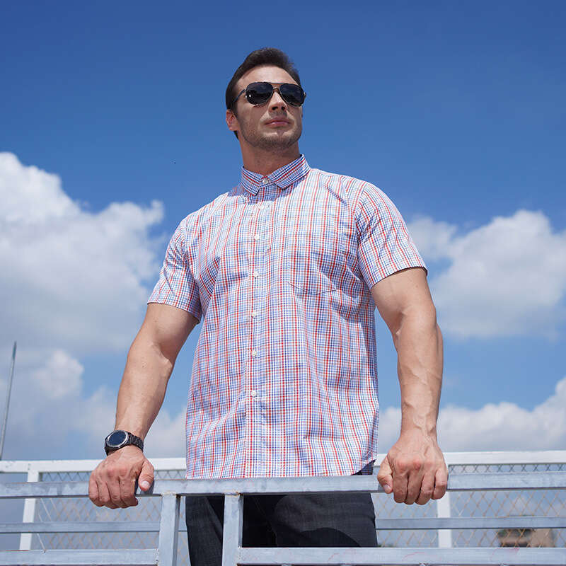 Cross-border summer plus-size plaid loose casual oversized big and tall men, yarn-dyed short-sleeve shirt for men