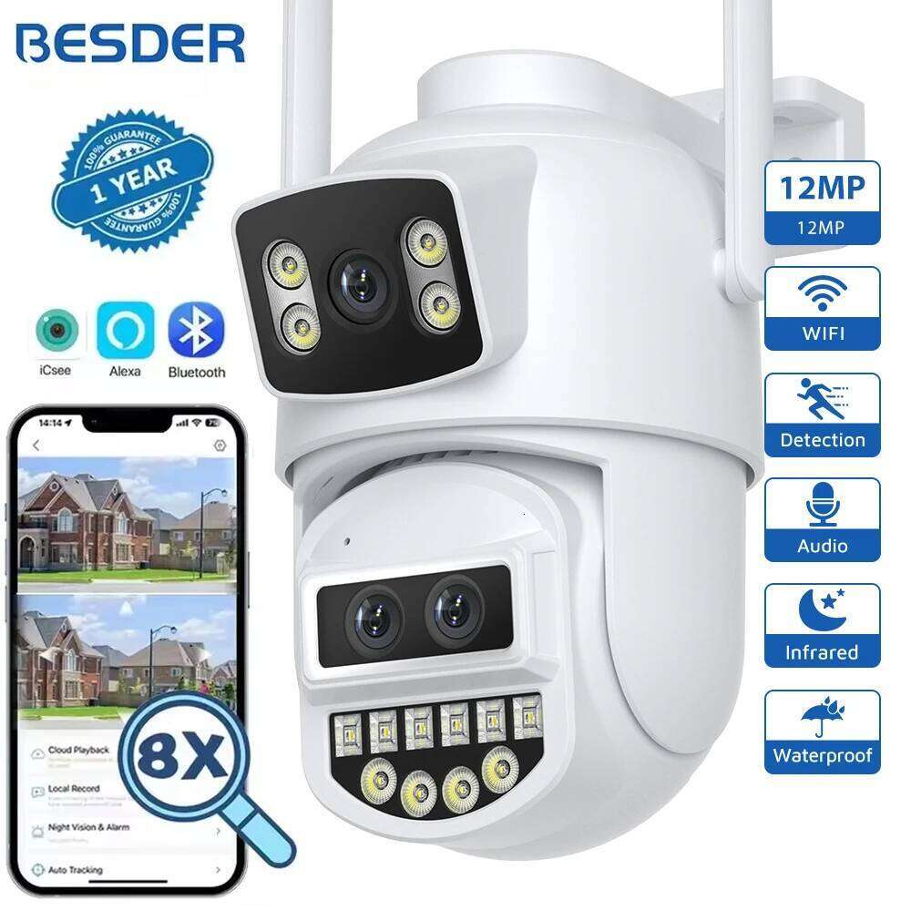 BESDER 6K 12MP Wifi PTZ Dual Screen 8X Digital Zoom AI Auto Tracking Outdoor 8MP CCTV IP Camera Security Protection iCSee 26W0306