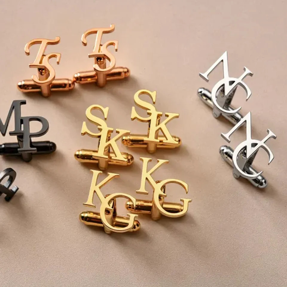 Customized Personalized Letters Stainless Steel Cufflinks Wooden Box Packaging Cufflinks Suits Groomsmen 260302
