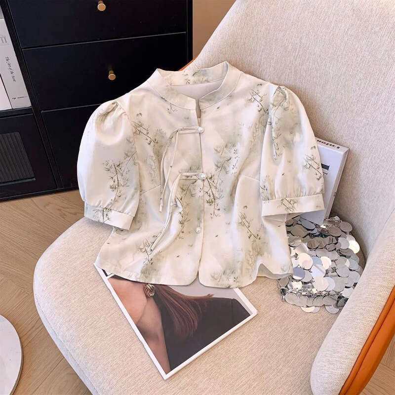 New Chinese style Green Bamboo Print Short Sleeve Shirt With Summer Cheongsam Collar And Button Design Embroidered Slim Fit Women's T-irt Summer