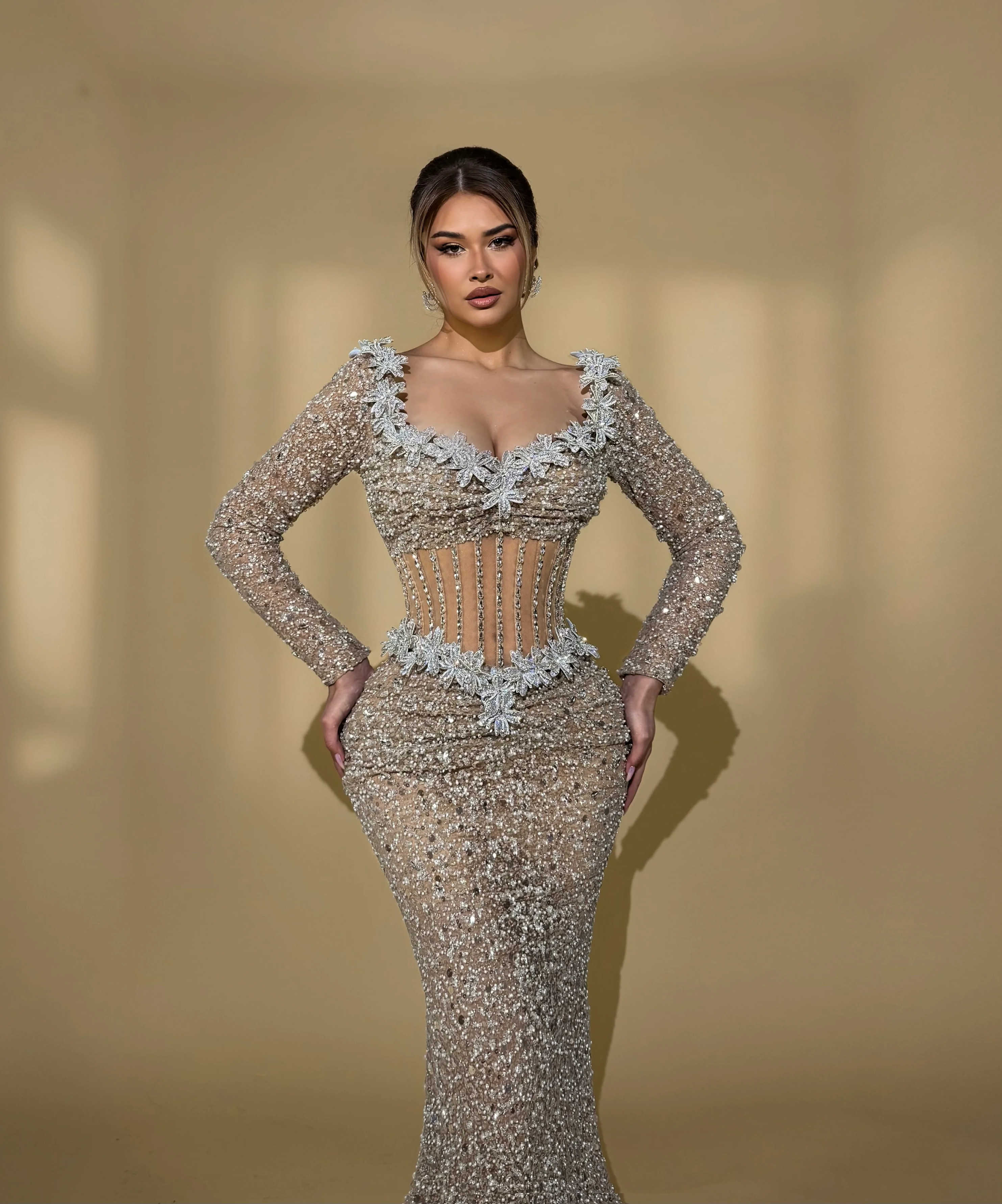 Graceful Evening Dresses Mermaid Strapless Crystals Prom Dresses Long Sleeve Celebrity Party Gown Customized Vestido De Novia