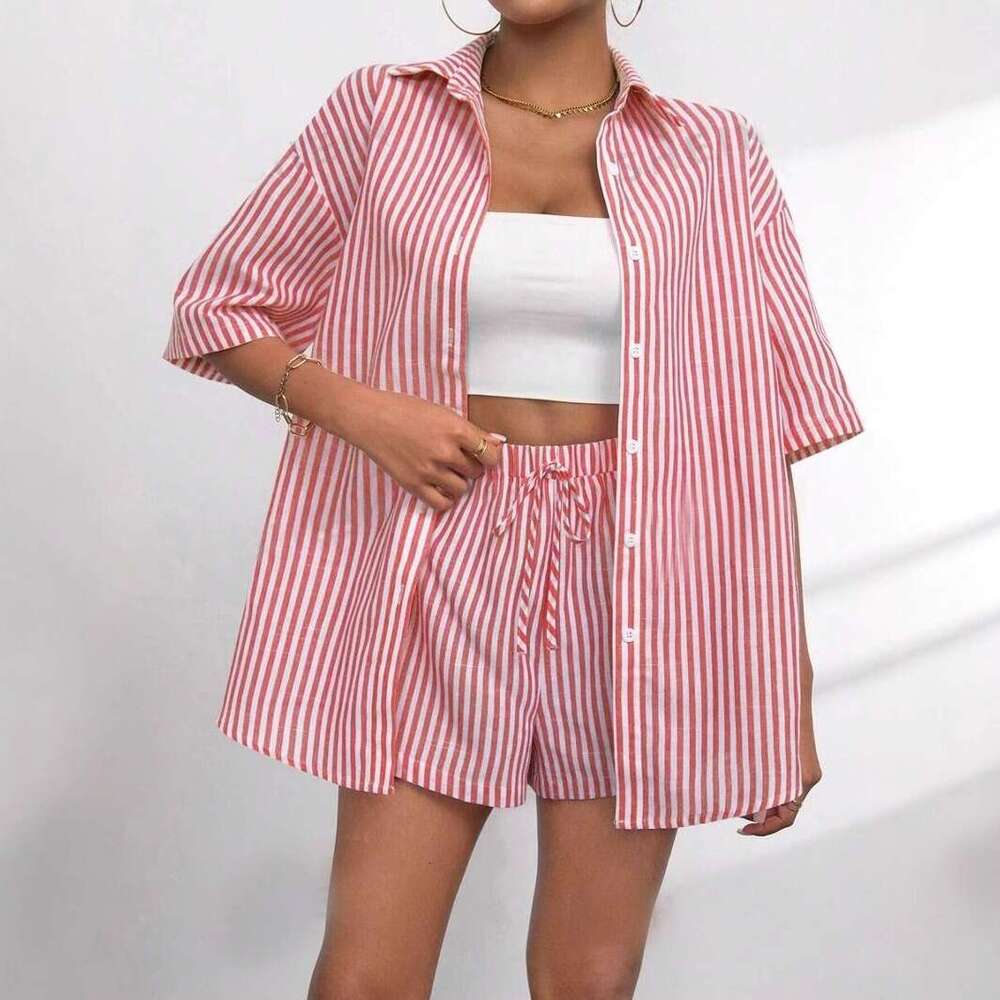 Spring summer cross-border European American women's clothing, new fashion striped short-sleeve shirt with collar and shorts casual two-piece set