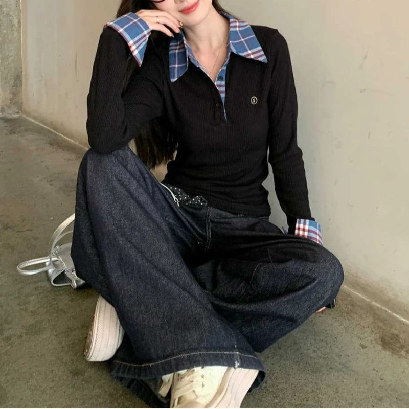 Polo Neck Plaid Patchwork Embroidery T Shirts Spring Autumn Twopiece Slim High Street Tops Fashion Casual Women Clothing 260228
