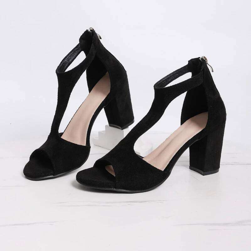 2025 Summer New Women's Fashionable and Comfortable High with Bare Toes Anti Slip Solid Color Coarse Heel Sandals