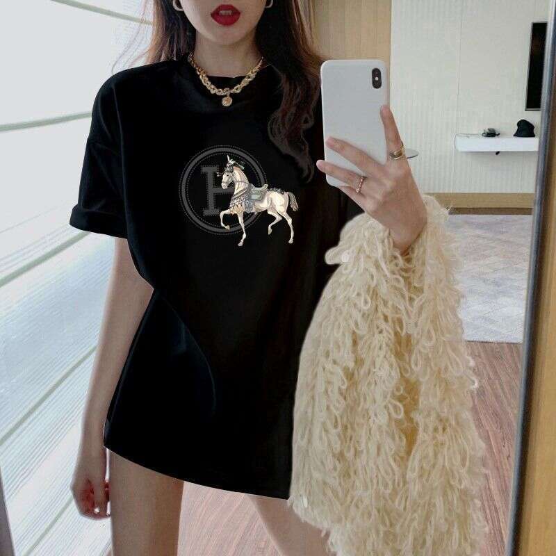 Pink Women's Loose T-Shirt, 2023 New Summer Model, Pure Cotton, Long European-Style Short-Sleeve T-Shirt For Women, Mid-Length Asia Size