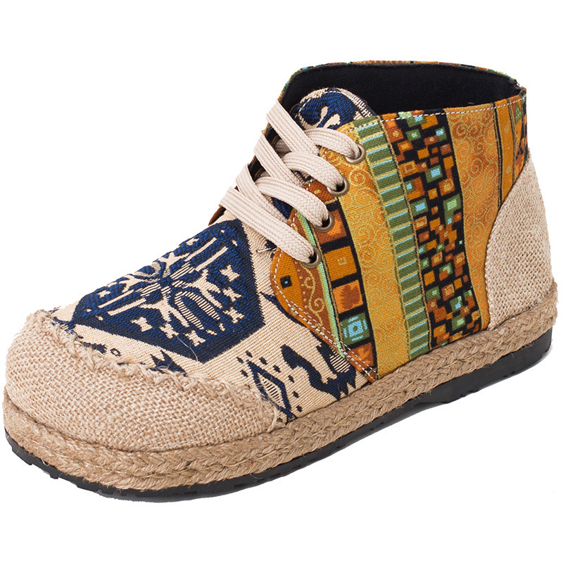 2026 Cross border new Spring and Autumn embroidered shoes, ethnic style short cloth boots, women's linen Hanfu shoes, Thai square cotton and line