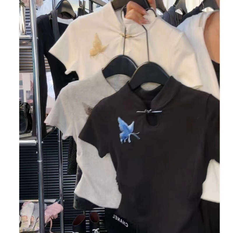 Chinese women's T-shirt new fashionable slim fit solid color butterfly embroidery top versatile Y2K style sexy fashion