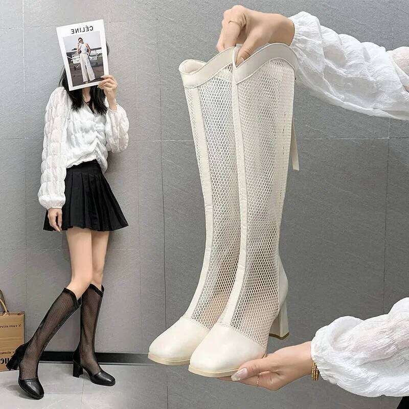 Chunky Long Female 2025 Summer Mesh Hollow White Pointed Head Tube High Heel Sandal Boots Versatile Shoes