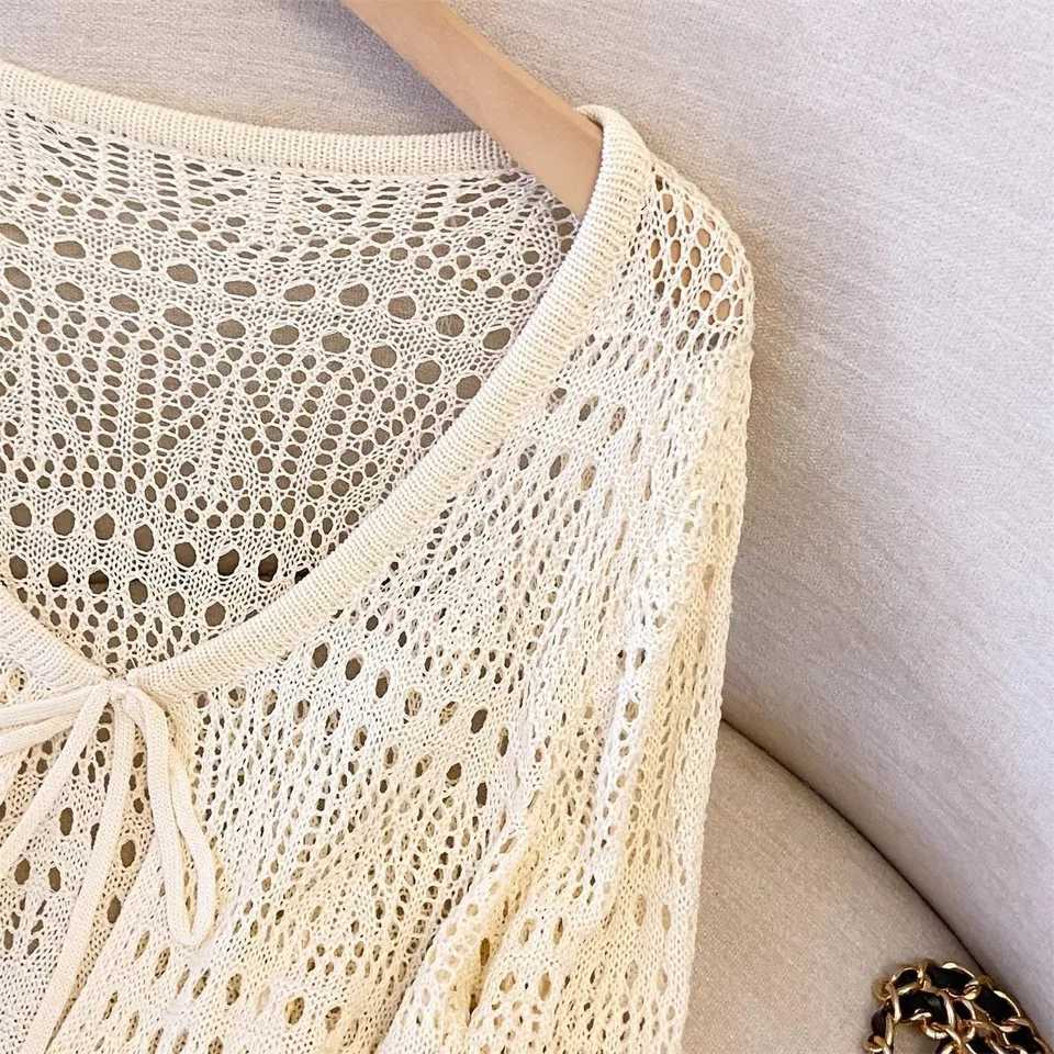 Womens Summer Lace Knit Cardigan Long Sleeve V-neck Openwork Crochet Tie Front Sun Protective Shawl Versatile Cover-Up for Fall M260306