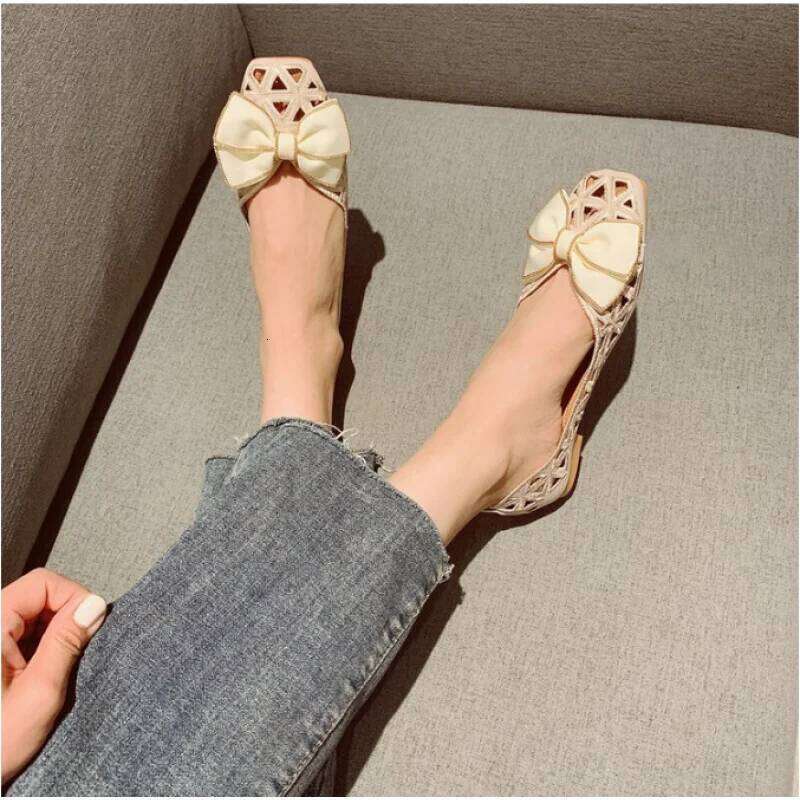 Women's Flat Sandals French Bowknot Hollow Out Breathable Low-Cut Square Toe Comfortable for Mom Summer Israel Hot Selling