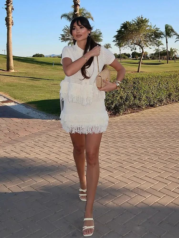 Women Elegant White Knit Tassels Skirt Suit Casual Lapel Half Sleeve Hollow Out Top Slim Fit 2-piece Set Summer Outfits 260304