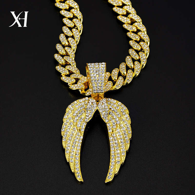 Amazon European and American Cross-Border Jewelry Hip-Hop Style Alloy Full Diamond Wing Pendant Cuban Chain High-Quality Accessories Factory