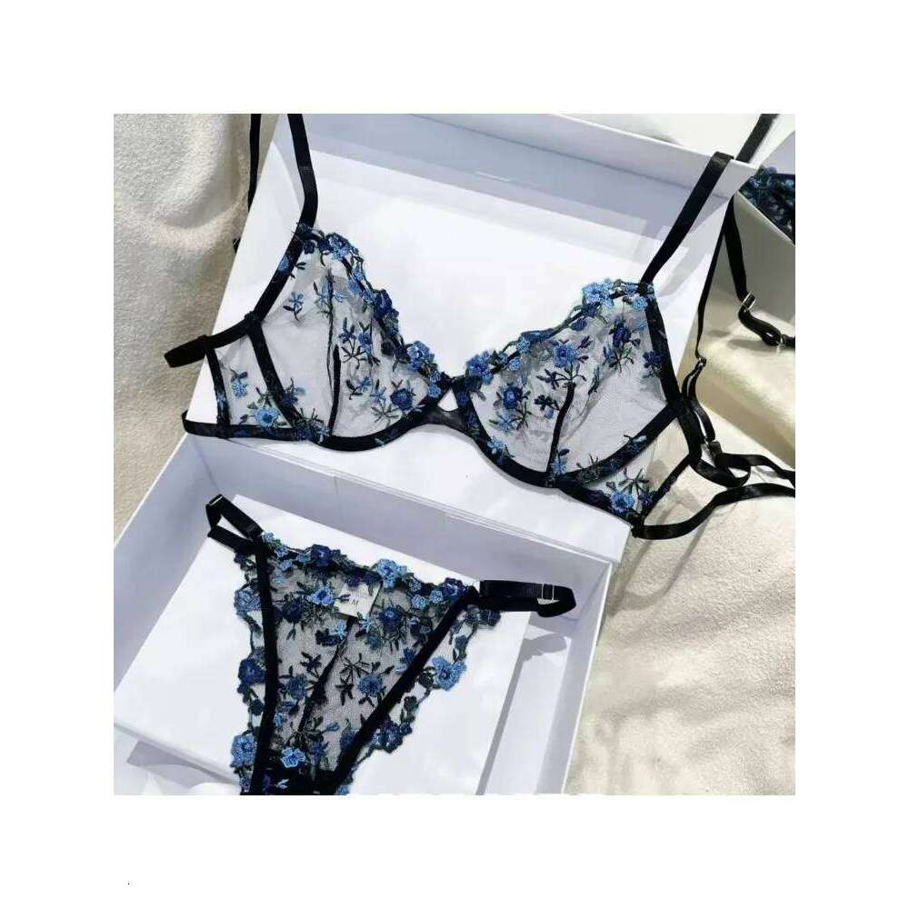 YUQI French Elegant Lingerie Set-Floral Embroidery Semi-Transparent Bra & Brief,Black Sensual Women's Underwear Luxury Intimates