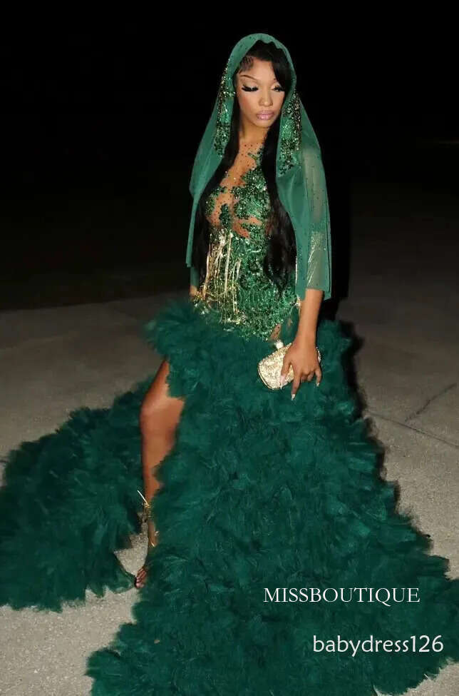 Luxury Emerald Green Ruffles Tulle Prom Aso Ebi Sweetheart Exquisite Lace Beaded Special Occasion Evening Gowns Fishtail High Split Engagement Dress 0