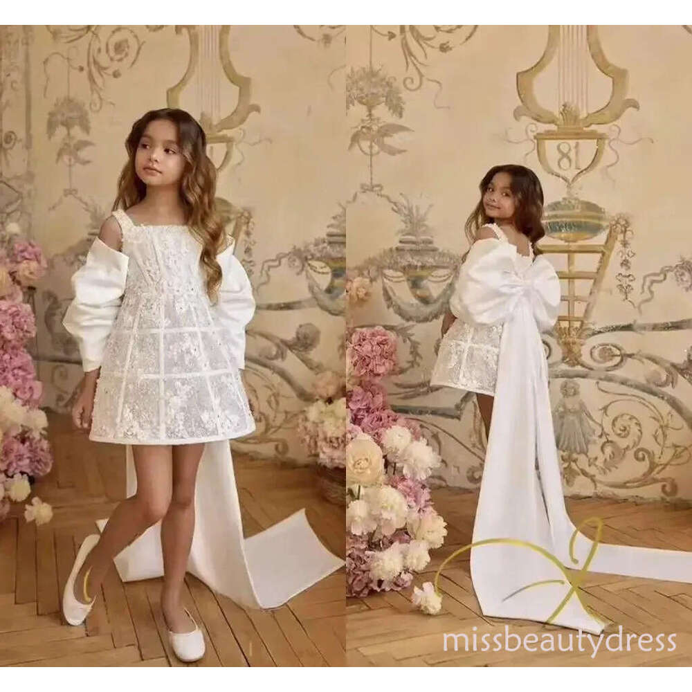 2026 Designer Floral Lace Hard Corset Boning Flower Girl Wedding Party With Removable Long Sleeve Bow Little Girl's Kids First Communion Birthday