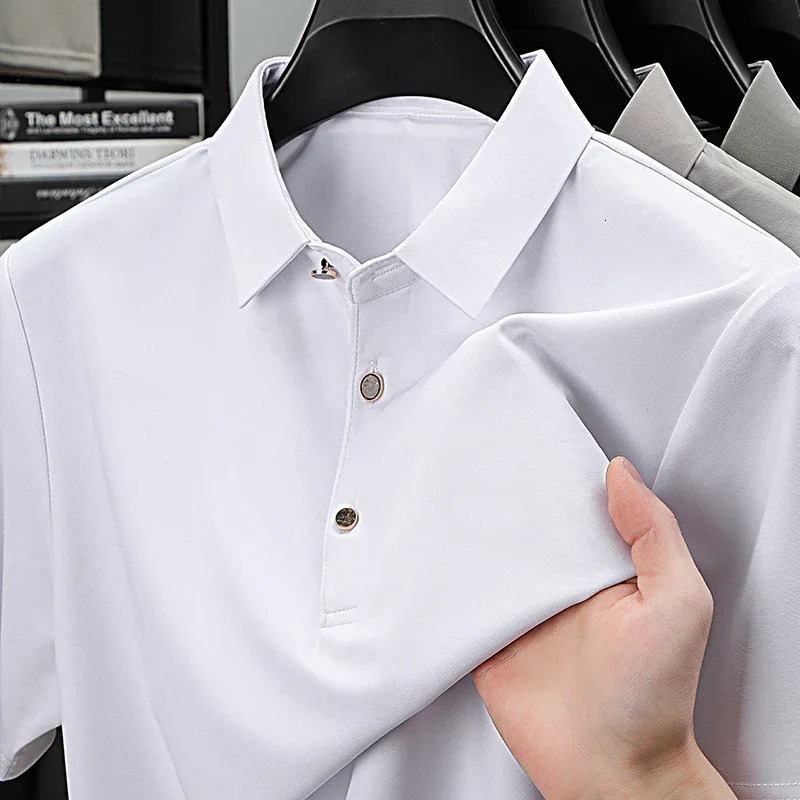 BROWON Summer Man Polo Shirt Office Short Sleeve Solid Color Ice Silk Soft Work Plain Tops Mens Polo T Shirt 4XL 260304