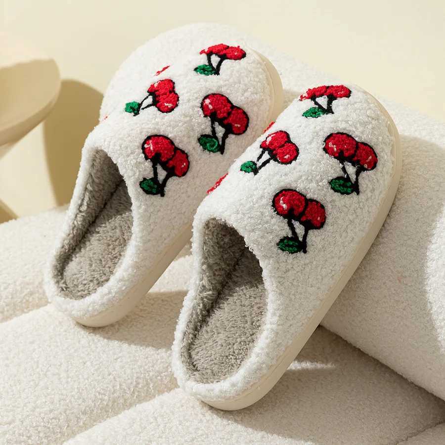 Cherry Fruit Embroidered Pattern Winter Plush Slippers Classic Soft Sole Indoor Casual Women Bedroom Cute Home Warm Comfy Shoes S260305