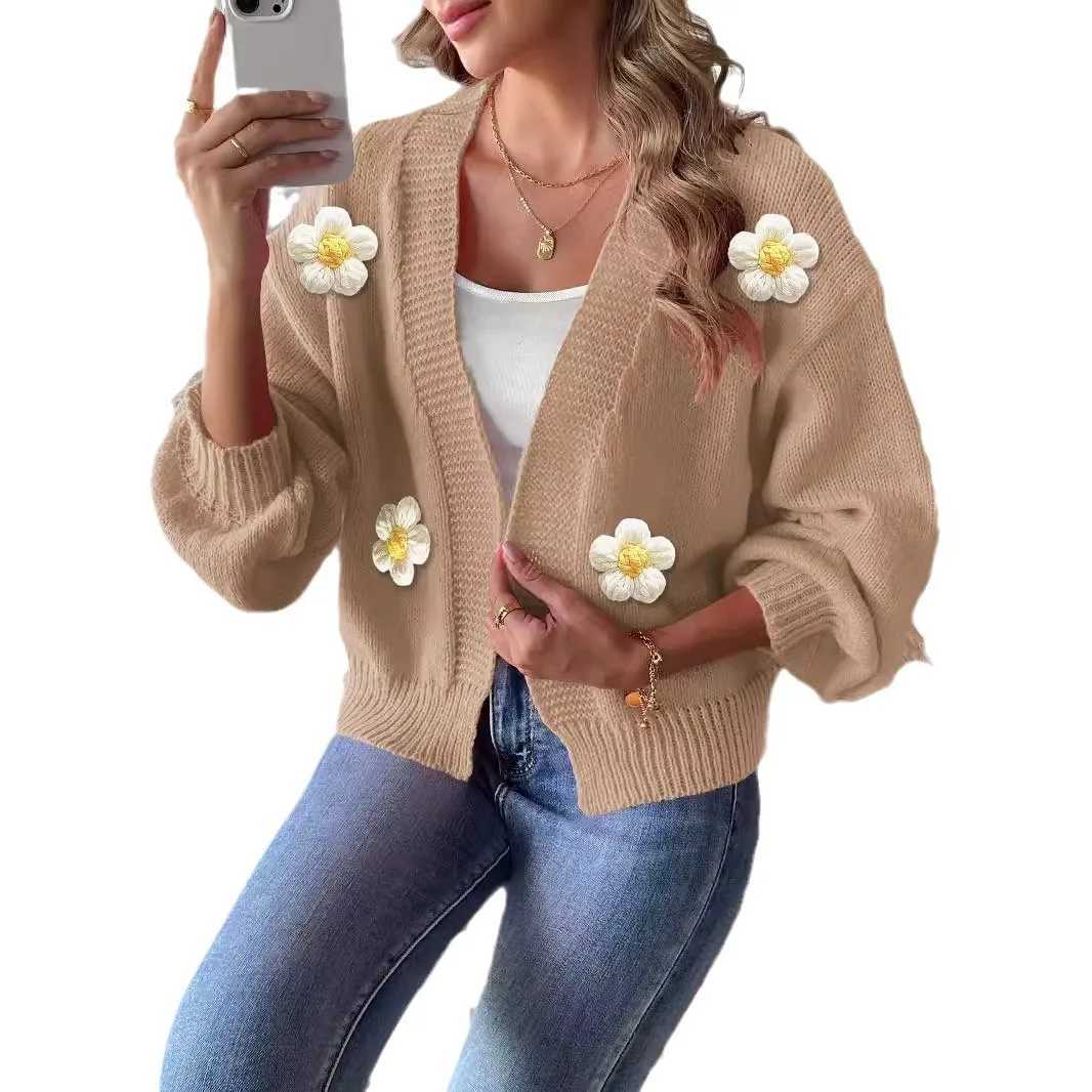 Women Cardigan Sweater Coat Flower Knitted Jacket V Neck Lantern Sleeve Knitwear 2025 Autumn Winter Casual Knitting Outerwear M260306