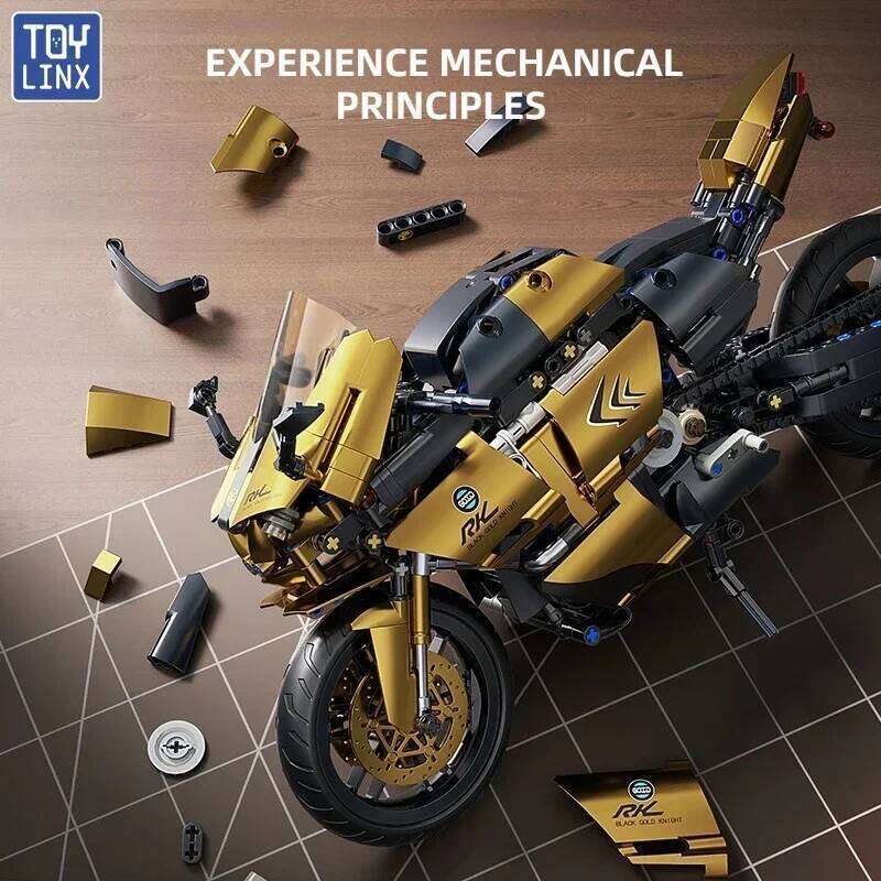 TOYLINX 1:10 Scale Technic Motorcycle Building Blocks 703pcs Black Gold Mechanical Racing Bike Model Kit Movable Parts STEM Toys Z260305