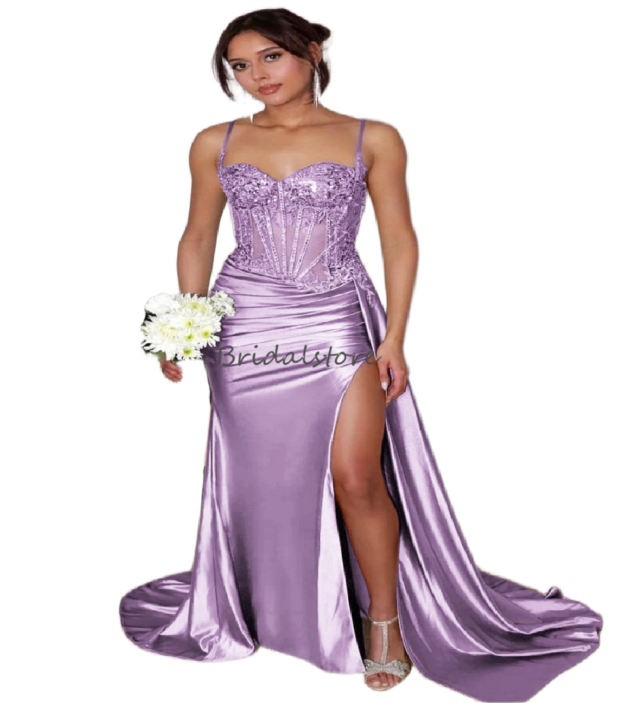 Ethereal Green Satin Prom Dresses With High Slit Plus Size Spaghetti Straps Lace Evening Gowns 2026 Outdoor Garden Formal Party Vestio De Gala Elegant