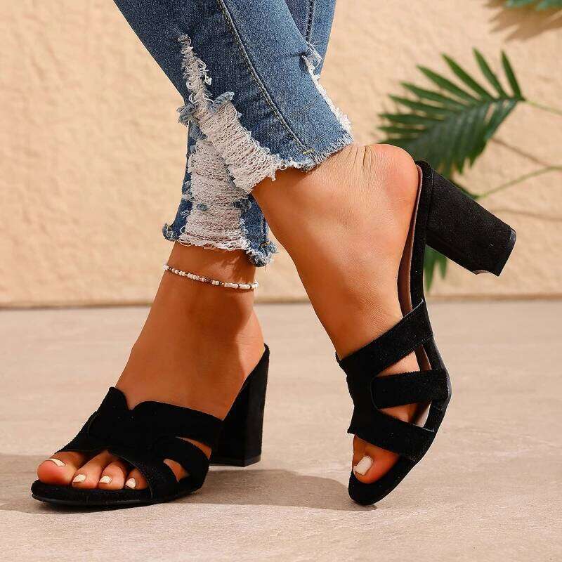 2025 New Fashionable Women's Thick Sandals Comfortable Square Heel Bare Toe Non slip Slippers Black Casual High Heels