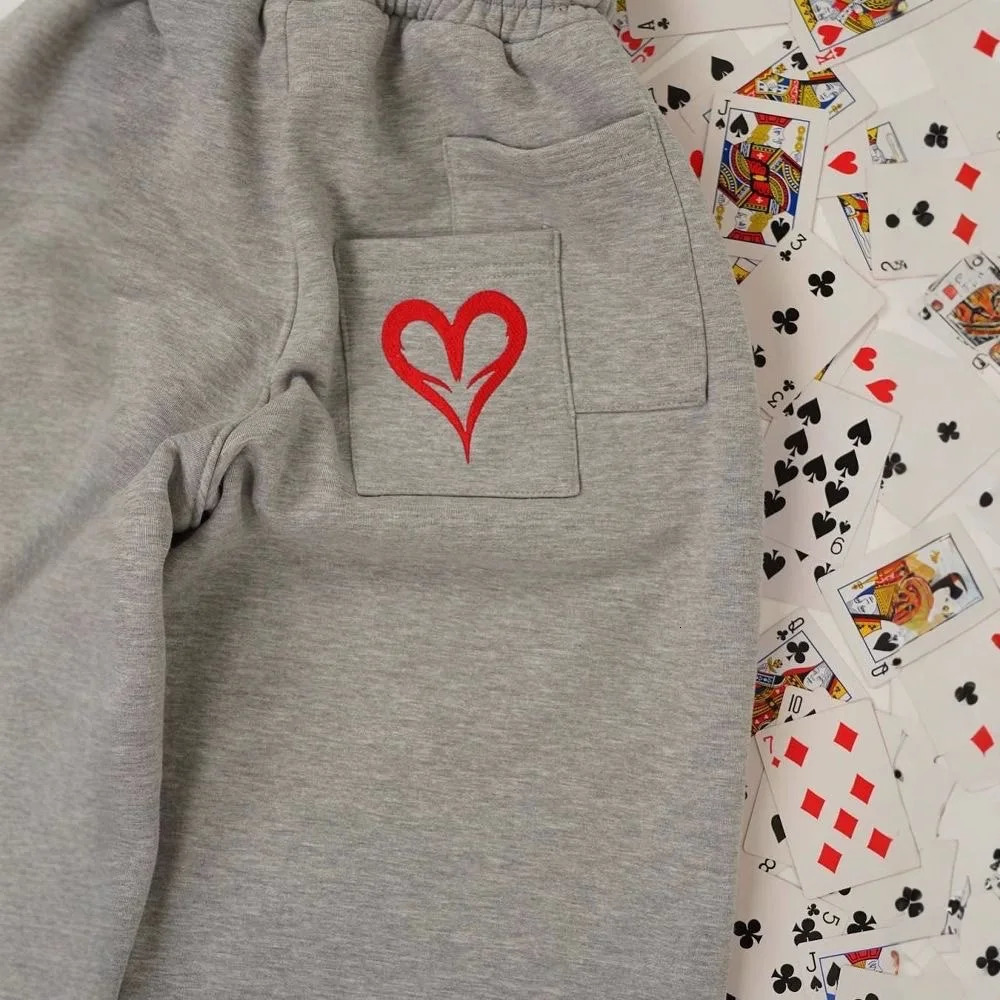 Men Heart-shaped Embroidery Print Europe America Two Piece Wide Leg Pants Casual Grey Loose Sports 260303