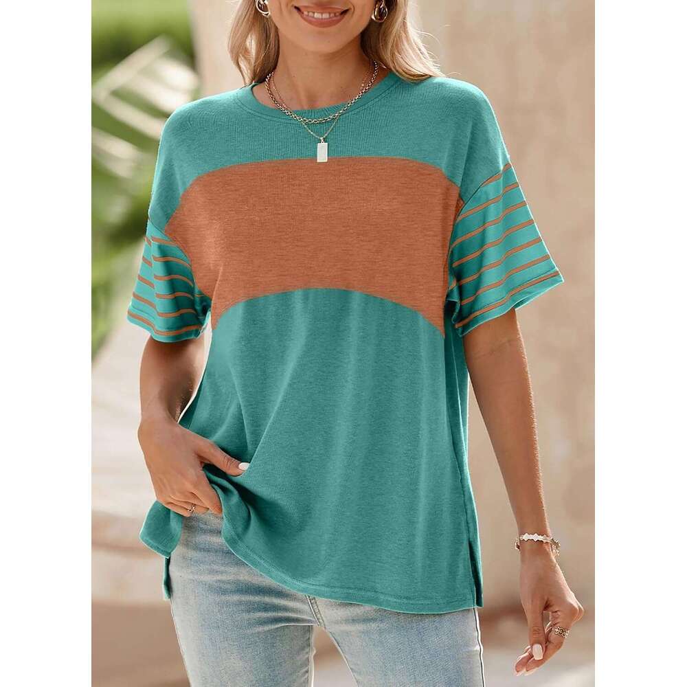 Designer Summer Tops Trendy Oversized 2026 Crewneck Casual Color Block Striped Womens Shirts Blouses