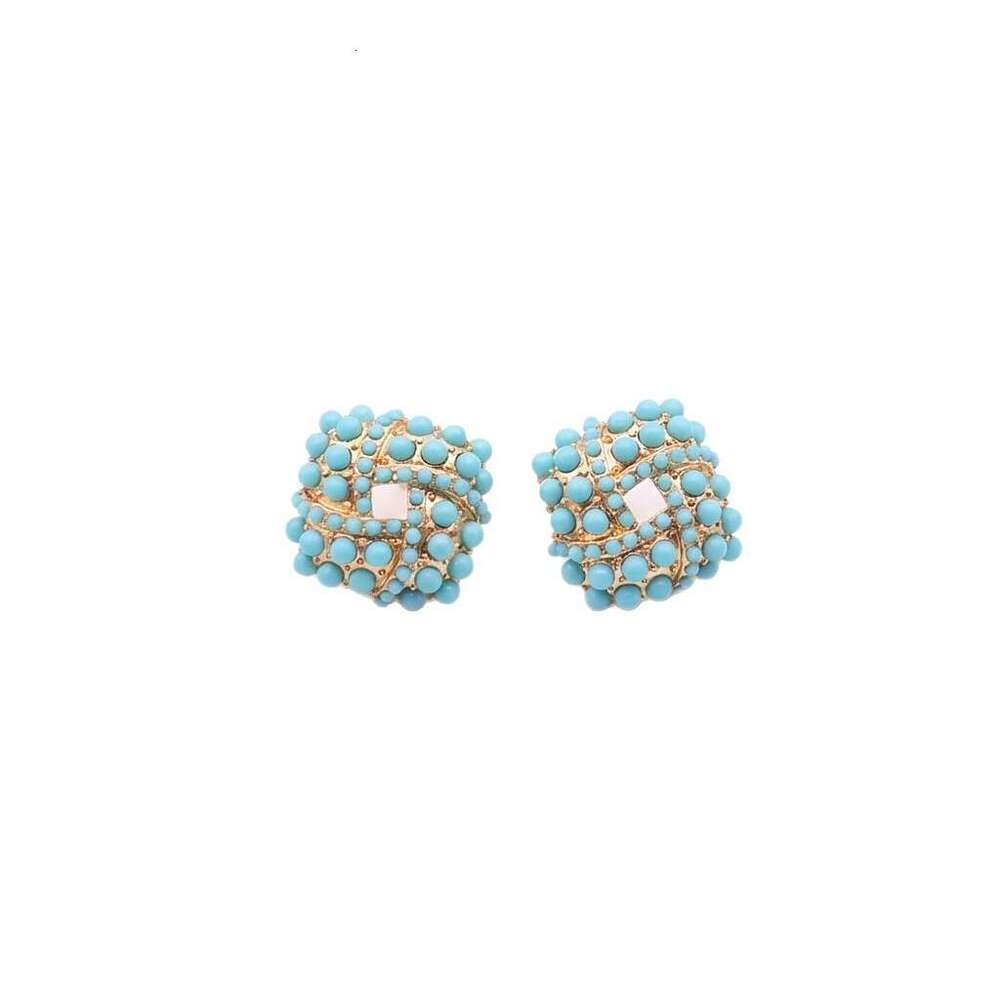 Vintage Square Turquoise Earrings Geometric Beads And Silver Studs Niche Design With A High-End Feel Women's Accessories High-Quality