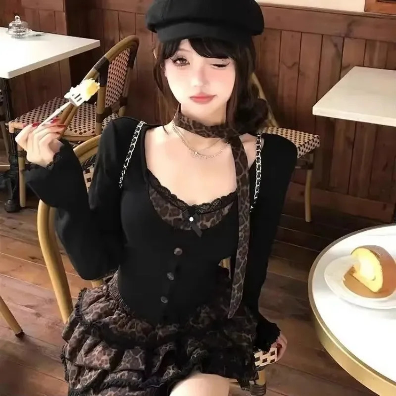 Y2k Sexy Retro Punk Set Women Suit Scarf Long Sleeve Top High Waist Slimming Cake Skirts Two-piece Set 260304