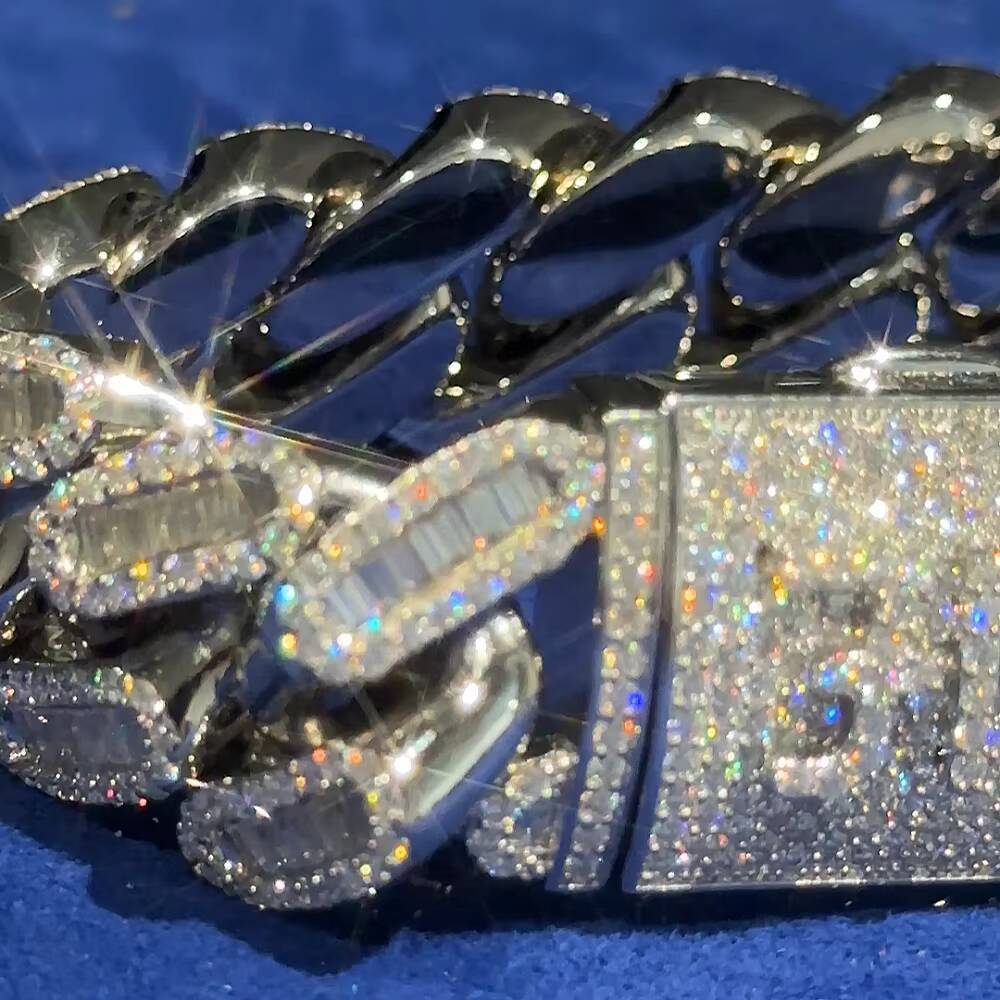 Hip Hop 925 Silver Moissanite Baguette 7 Inches 20 MM Bracelet High Quality Vvs Moissanite Diamond Bracelet Jewelry