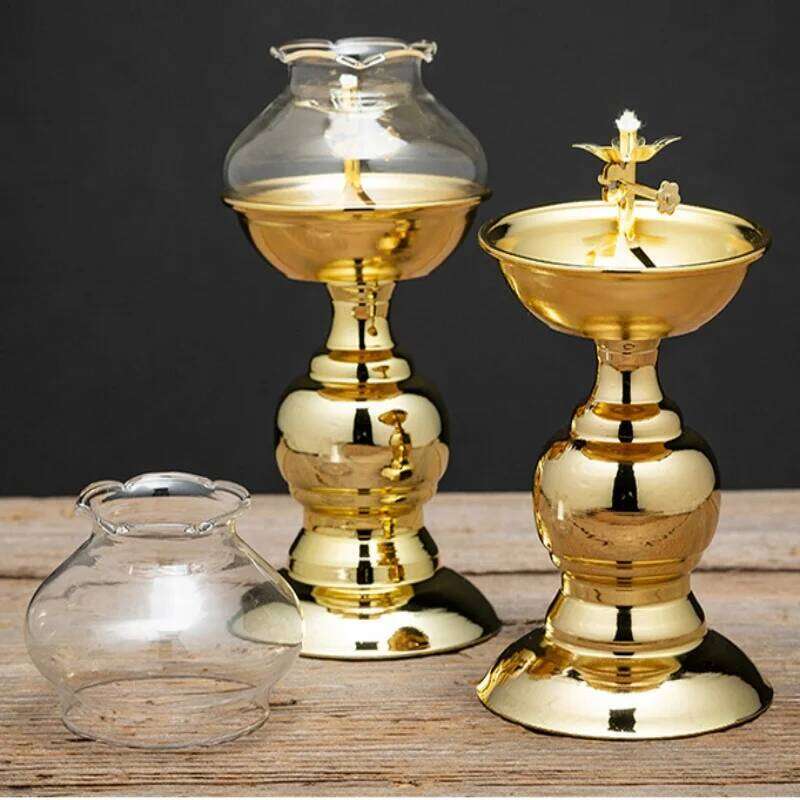 Golden Oil Lamp For Buddha With Glass Windproof Cover,Metal Buddhist Lantern Burner,Religious Candlestick Item XJ260305