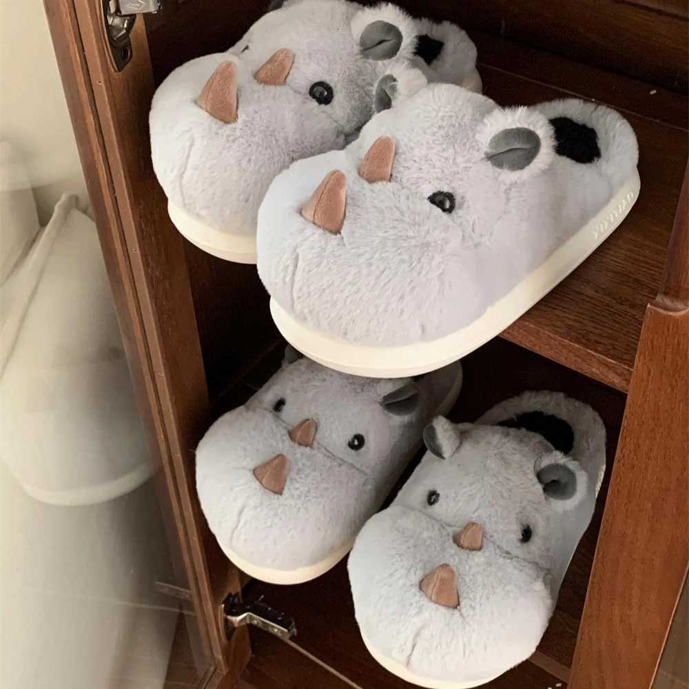 Cute Fun Rhinoceros Design Women Winter new Slippers Casual Soft Heel Platform Fur Warm Indoor Comfortable Man Home Slippers S260305